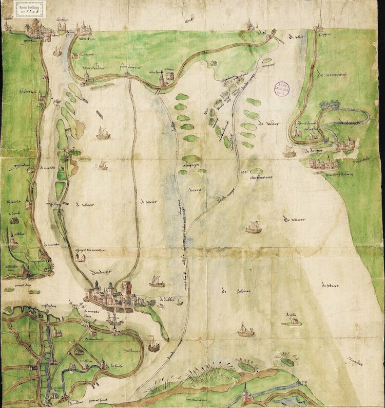 Gedeelte van de Zuidhollandse Waard, ca. 1550. Dordrecht (linksonder) met overstroomd achterland. Het kaartnoorden is links. Collectie Leiden University Libraries.