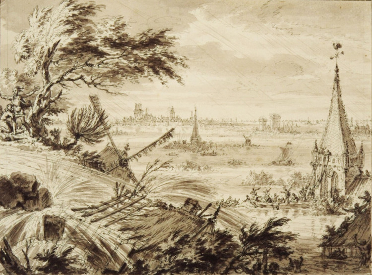 18 november 1421, Sint Elisabethsvloed: dijkdoorbraak en het onderlopen van de Zuid-Hollandse Waard. Tekening: S. Fokke, 1749. Collectie: Regionaal Archief Dordrecht.