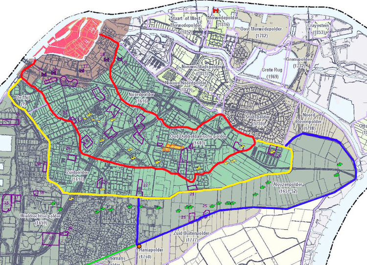 Oud Dubbeldamse Polder (rood), Zuidpolder (geel), Alloyse- of Bovenpolder (blauw)