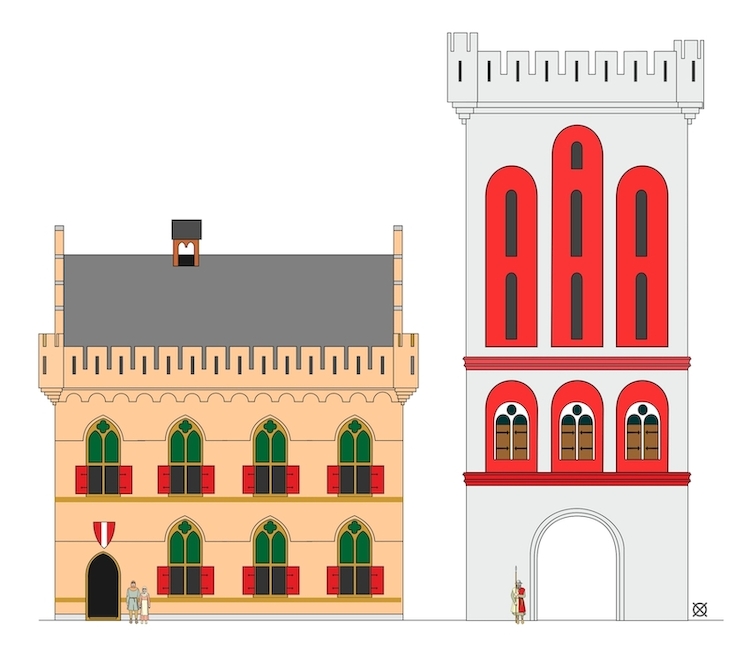 Reconstructie van het stadhuis en de Tolbrugstoren rond 1300