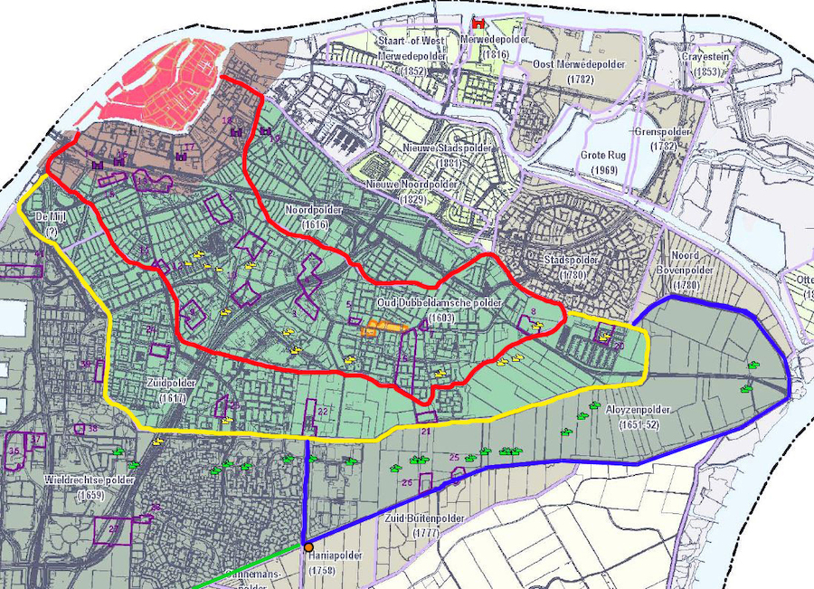 Oud Dubbeldamse Polder (rood), Zuidpolder (geel), Alloyse- of Bovenpolder (blauw)