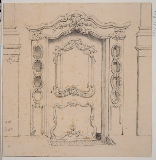 Johannes Rutten tekende de deur (met kozijn) in 1871. Het pand was toen al een pakhuis, maar oorspronkelijk waarschijnlijk een woonhuis uit het midden van de 18e eeuw. Tekening: collectie RAD 551_35804. 