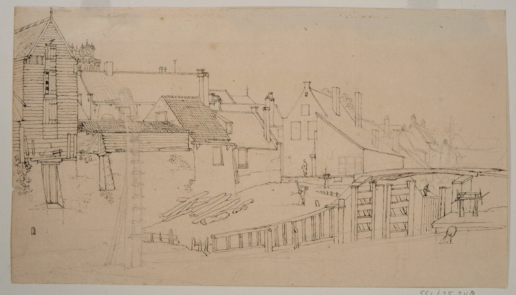 Tekening van Johannes Rutten van de Sluisbrug en de Zuidersluis omstreeks 1835, gezien vanaf de Achterhakkers. Foto: collectie RAD 551_35248.